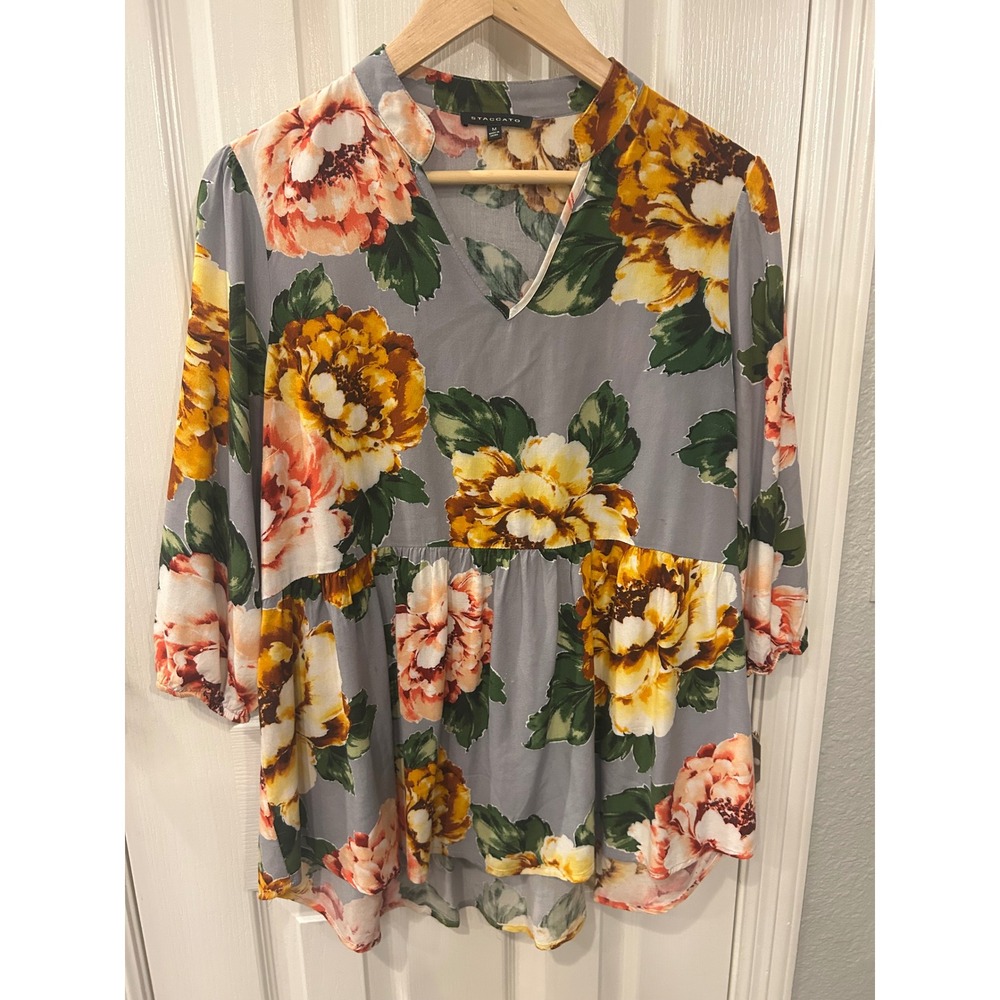 Staccato Babydoll Tunic Grey Floral V-Neck 3/4 Sleeve Peplum Top 16318